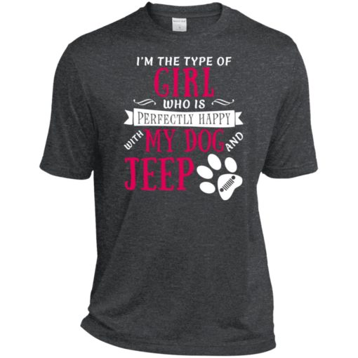 Girl perfectly happy with dog and jeep sport t-shirt