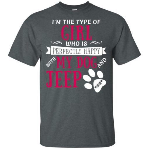 Girl perfectly happy with dog and jeep t-shirt